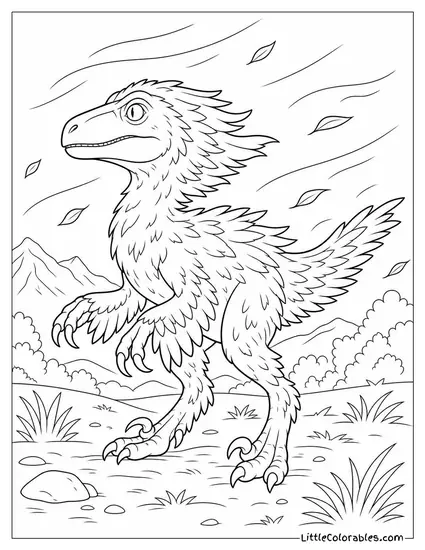 Velociraptor with Feathers Ruffled Standing in a Sudden Gust of Wind Coloring Page
