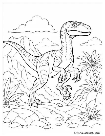 Velociraptor with One Claw Raised Mid Step on Rocky Terrain Coloring Page