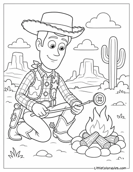 Woody at a Tiny Campfire Roasting a Button on a Stick Coloring Page