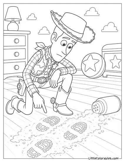 Woody Examining Boot Tracks in Spilled Talcum Powder Coloring Page