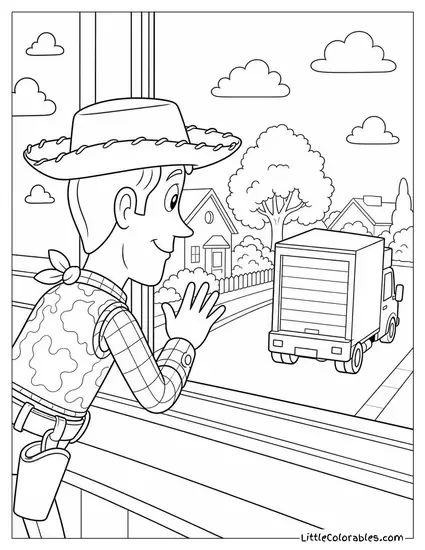Woody Leaning Out a Window Watching a Moving Truck Leave Coloring Page
