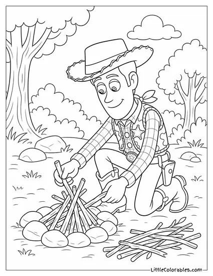 Woody Setting Up a Campfire with Twigs from the Yard Coloring Page
