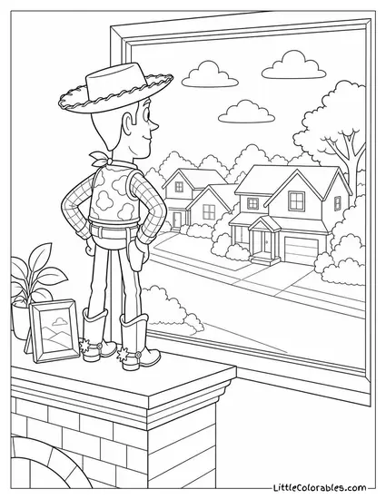 Woody Standing on a Mantelpiece Looking Out Over a New Home Coloring Page
