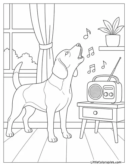 A Beagle Howling Along with Music Playing from a Radio Coloring Page