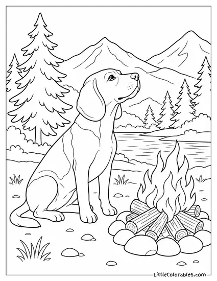 A Beagle Sitting Beside a Campfire Sniffing the Air Coloring Page