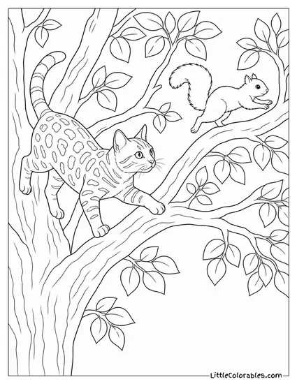 A Bengal Cat in a Tree Following a Squirrel Branch by Branch Coloring Page