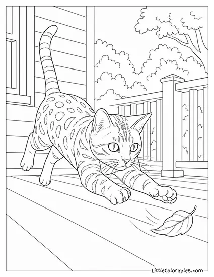 A Bengal Cat Pouncing on a Leaf Blowing Across a Porch Coloring Page