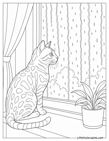 A Bengal Cat Watching Rain Trace Patterns Down a Window Coloring Page