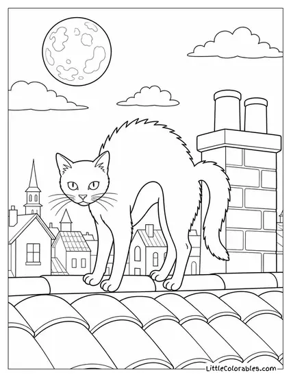 A Black Cat Arching Its Back on a Moonlit Rooftop Coloring Page