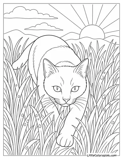 A Black Cat Stalking Through Tall Wet Grass at Dawn Coloring Page