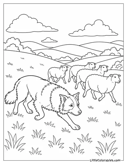 A Border Collie Herding Sheep Across a Wide Green Hillside Coloring Page