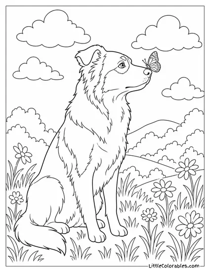 A Border Collie in a Meadow Watching a Butterfly Land on Its Nose Coloring Page