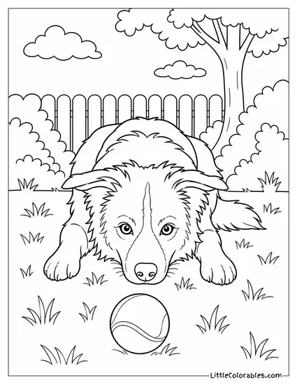 A Border Collie Lying Belly Down Staring Intensely at a Stationary Ball Coloring Page