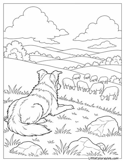 A Border Collie Lying Flat Watching a Herd from a Hilltop Coloring Page