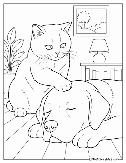 A British Shorthair Pressing Its Paw on a Sleeping Labrador Face Coloring Page