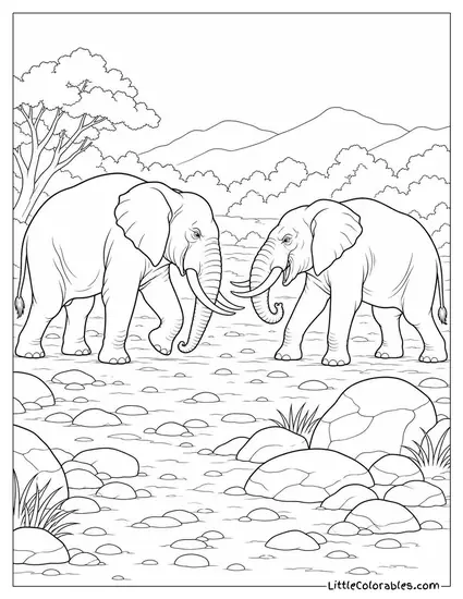 A Bull Elephant in Musth Challenging a Rival at a Dry Riverbed Coloring Page