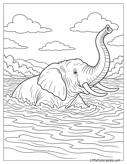 A Bull Elephant Swimming Strongly Across a Deep River with Trunk Raised Coloring Page