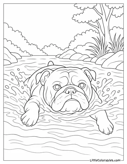 A Bulldog Swimming with Determined Face and Tiny Legs Paddling Hard Coloring Page