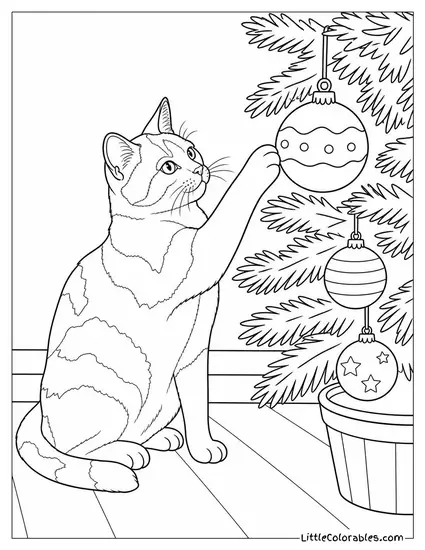A Calico Cat Batting at a Dangling Christmas Tree Ornament Coloring Page