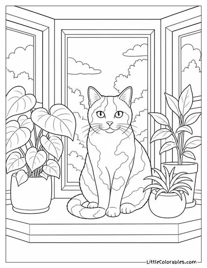 A Calico Cat Sitting in a Sunlit Bay Window with Plants Around It Coloring Page