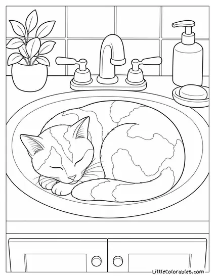 A Calico Cat Sleeping Curled in a Bathroom Sink Coloring Page
