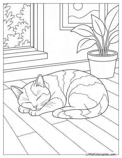 A Calico Cat Sleeping in a Patch of Afternoon Sunlight on the Floor Coloring Page