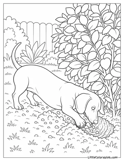 A Dachshund Digging Furiously Under a Garden Hedge Coloring Page