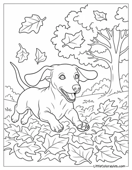 A Dachshund Running Full Speed Through Autumn Leaves with Joy Coloring Page