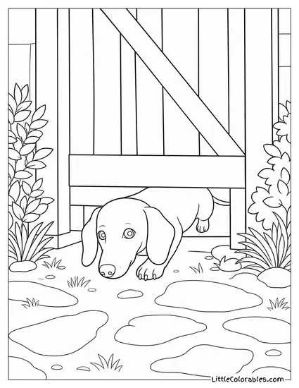 A Dachshund Squeezing Under a Garden Gate Coloring Page
