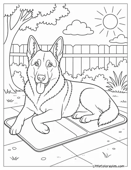 A German Shepherd Lying on a Cooling Mat Outside in Summer Heat Coloring Page