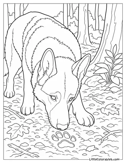 A German Shepherd Nose Pressed to a Track in the Forest Floor Coloring Page