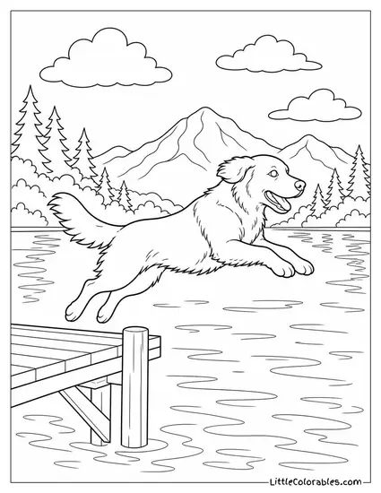 A Golden Retriever Leaping Off a Dock into a Glassy Lake Coloring Page