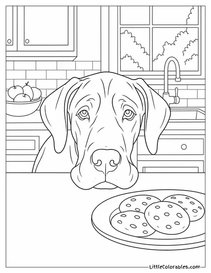 A Great Dane Resting Its Head on a Kitchen Counter Reaching Everything Coloring Page