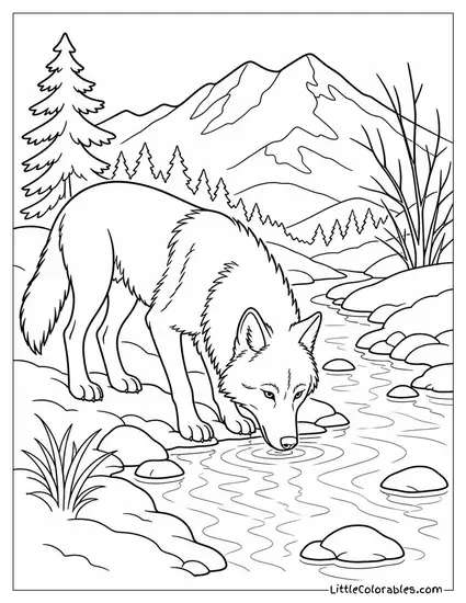 A Grey Wolf Drinking from a Mountain Stream in Early Spring Coloring Page