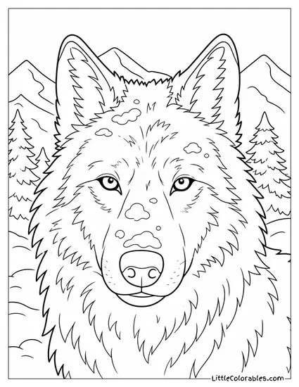 A Grey Wolf Face Close-Up with Yellow Eyes and Snow on Its Muzzle Coloring Page