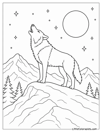 A Grey Wolf Howling Alone on a Snow-Covered Ridge at Night Coloring Page