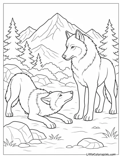 A Grey Wolf Lowering Its Body Submissively to a Higher-Ranking Pack Member Coloring Page