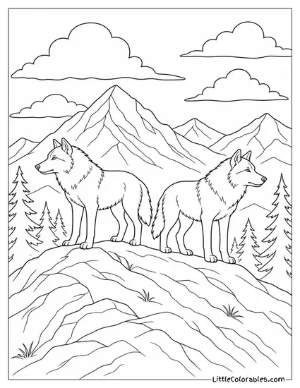 A Grey Wolf Pair Traveling a Ridge Line in Opposite Directions Checking the Wind Coloring Page