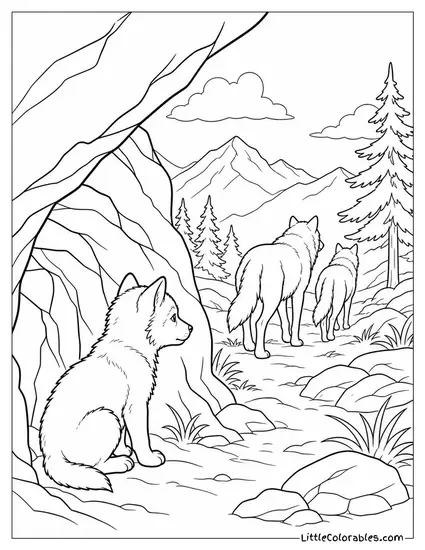 A Grey Wolf Pup Watching Adults Leave on a Hunt from the Den Entrance Coloring Page