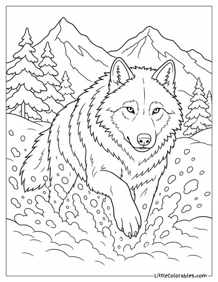 A Grey Wolf Running Through Knee-Deep Snow Sending It Spraying Upward Coloring Page