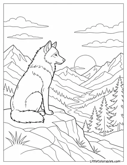 A Grey Wolf Sitting Alone on a Ridge Overlooking a Valley at Twilight Coloring Page