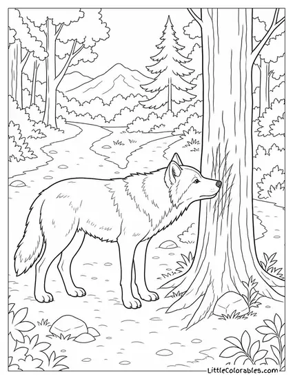 A Grey Wolf Sniffing a Scent Mark Left on a Tree at a Trail Junction Coloring Page