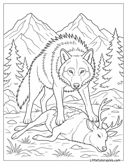 A Grey Wolf Standing Over a Fresh Kill with Hackles Raised Coloring Page
