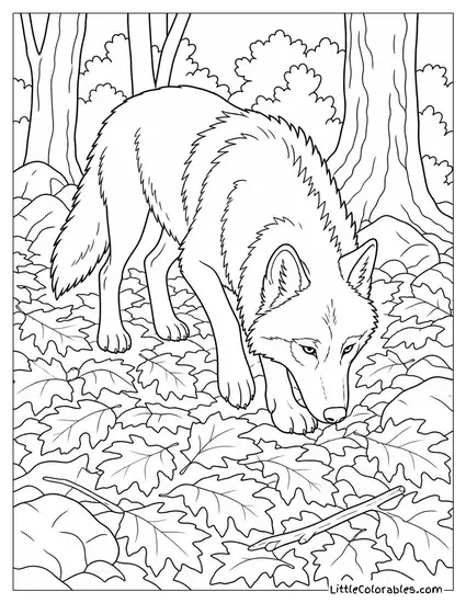 A Grey Wolf Tracking a Scent Trail Nose Down Through Deep Leaf Litter Coloring Page