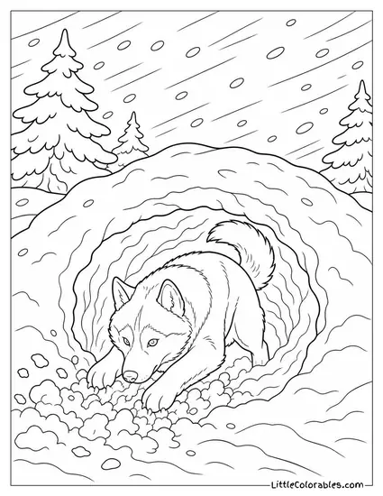 A Husky Digging a Hole in Deep Snow to Shelter from a Blizzard Coloring Page
