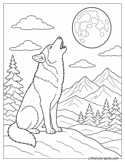 A Husky Howling at a Rising Full Moon in the Snow Coloring Page