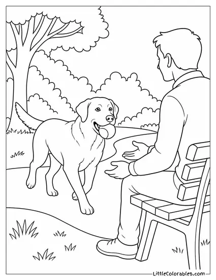 A Labrador Retriever Bringing a Ball to a Person Sitting on a Bench Coloring Page
