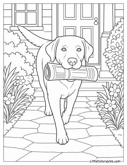 A Labrador Retriever Carrying a Newspaper Up a Front Path Coloring Page