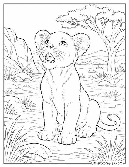 A Lion Cub Learning to Roar with a Tiny Barely Audible Sound Coloring Page