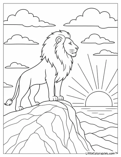 A Lion Silhouetted on a Hill Against a Burning Orange Sunset Coloring Page